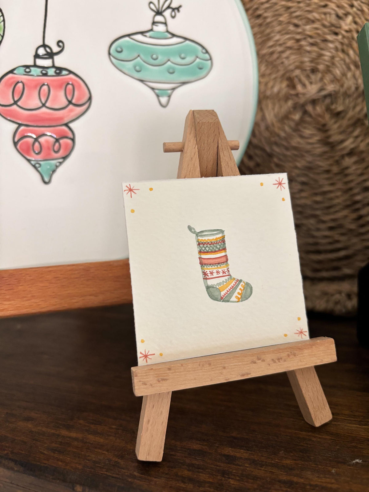 Miniature Watercolor Christmas Stocking Painting with Easel