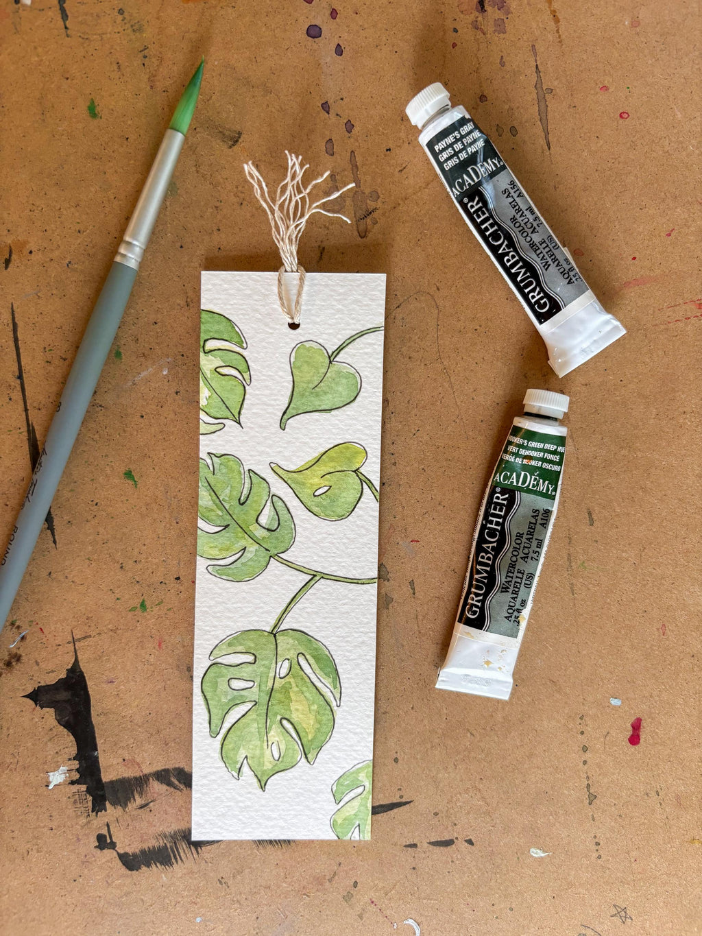 Hand-Painted Monstera Watercolor Bookmark with Tassel