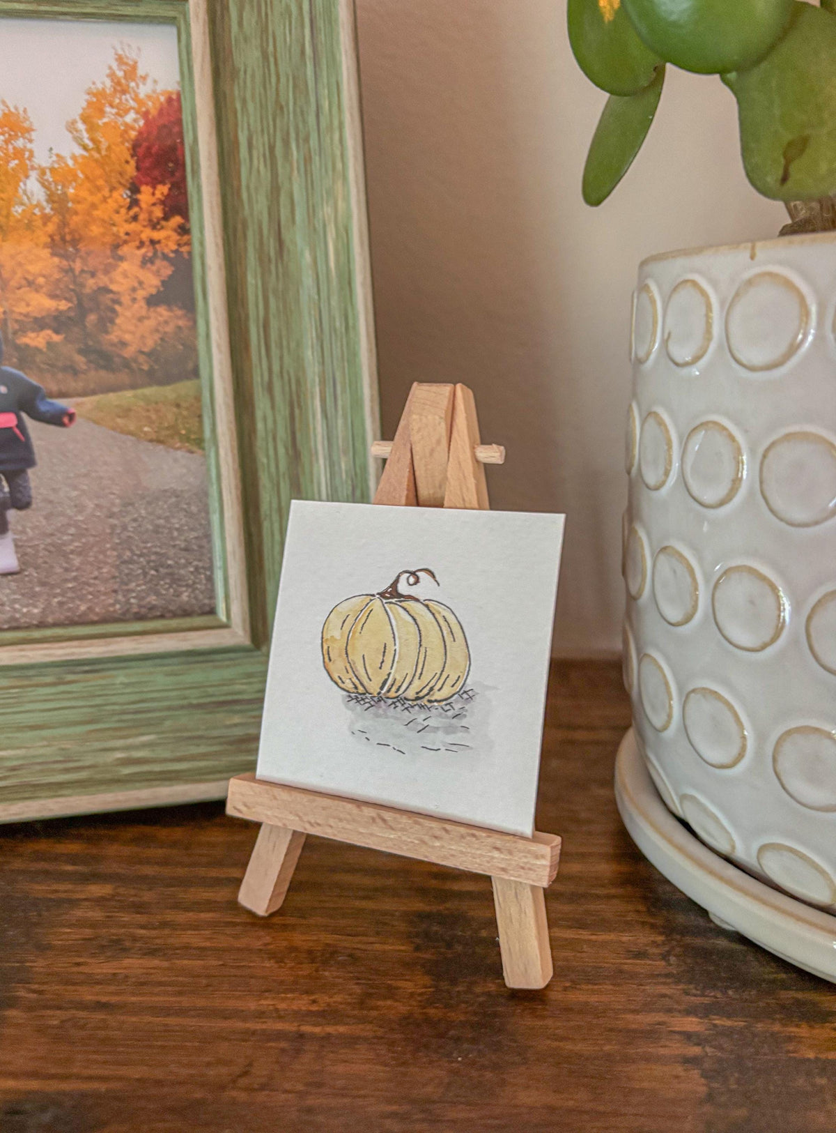 Miniature Watercolor Pumpkin Painting with Easel — Fall Decor