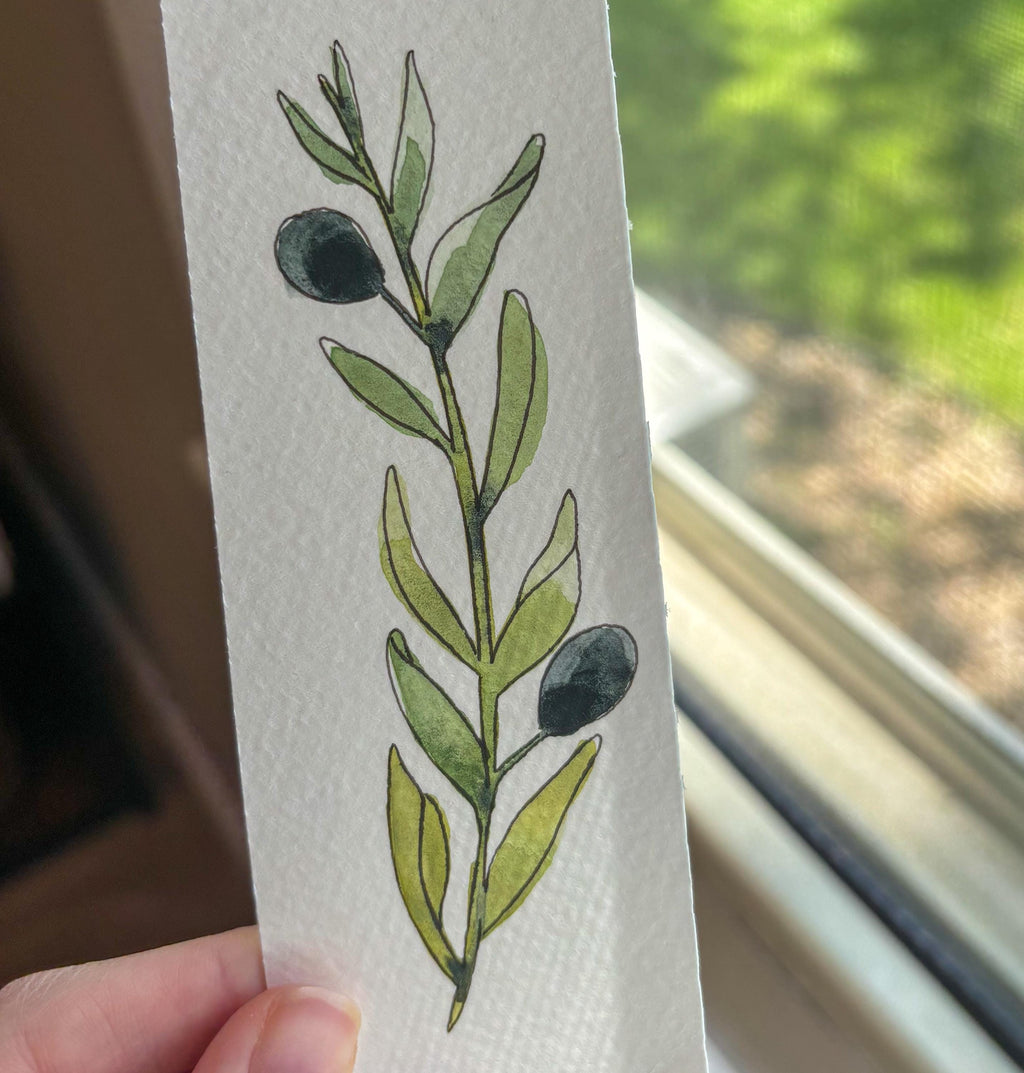 Hand-Painted Olive Leaf Watercolor Bookmark with Tassel