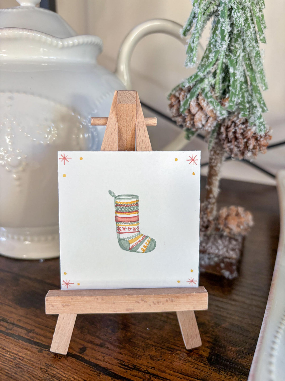 Miniature Watercolor Christmas Stocking Painting with Easel