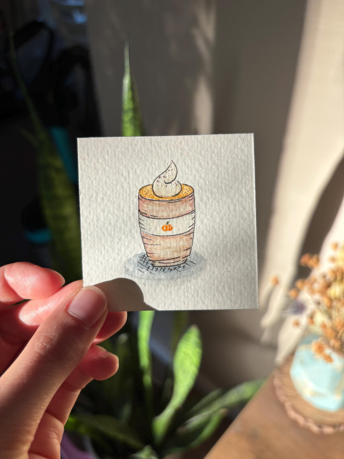 Miniature Watercolor Pumpkin Spice Latte Painting with Easel