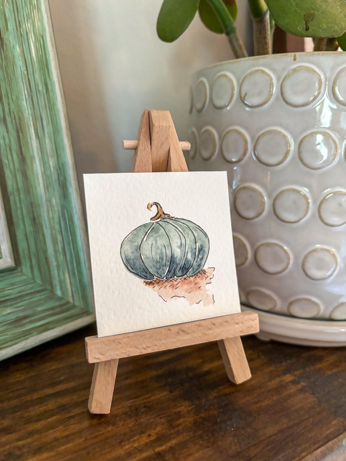 Miniature Watercolor Pumpkin Painting with Easel — Fall Decor