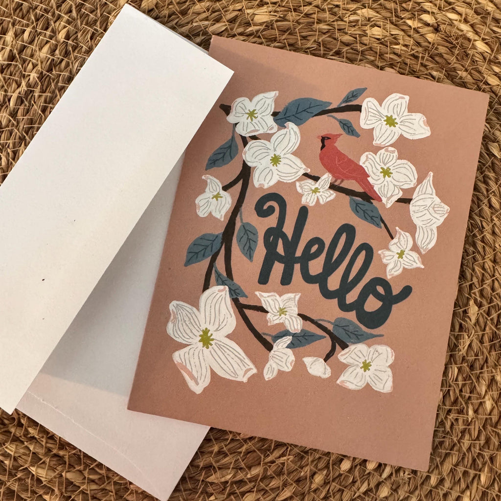 Virginia State Flower & Bird Greeting Card — Whimsical · Dogwood Blossom & Northern Cardinal