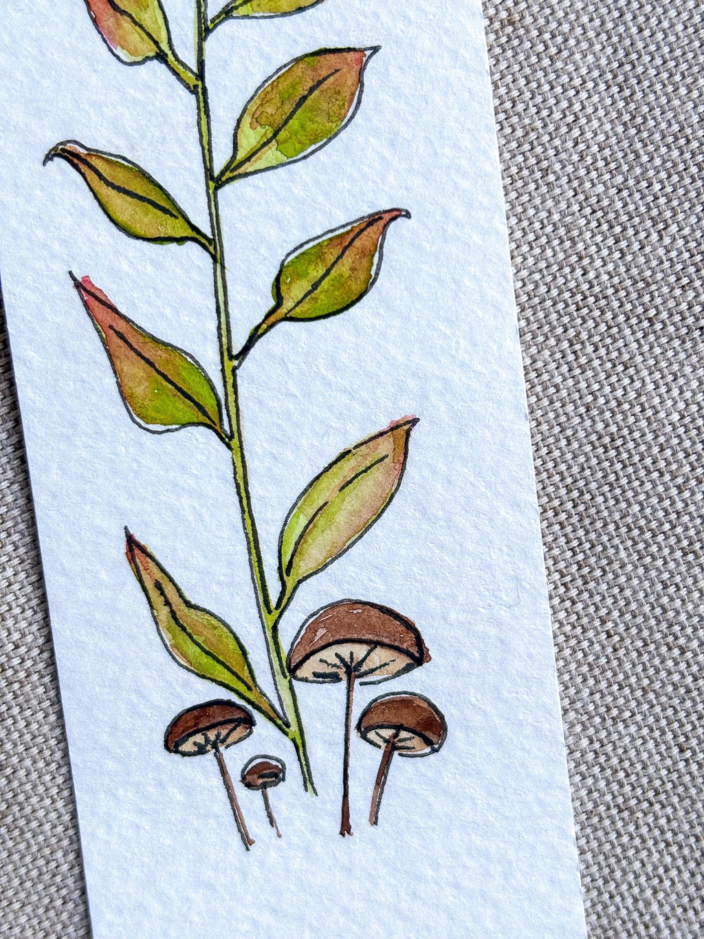 Hand-Painted Fall Leaves & Mushroom Watercolor Bookmark with Tassel