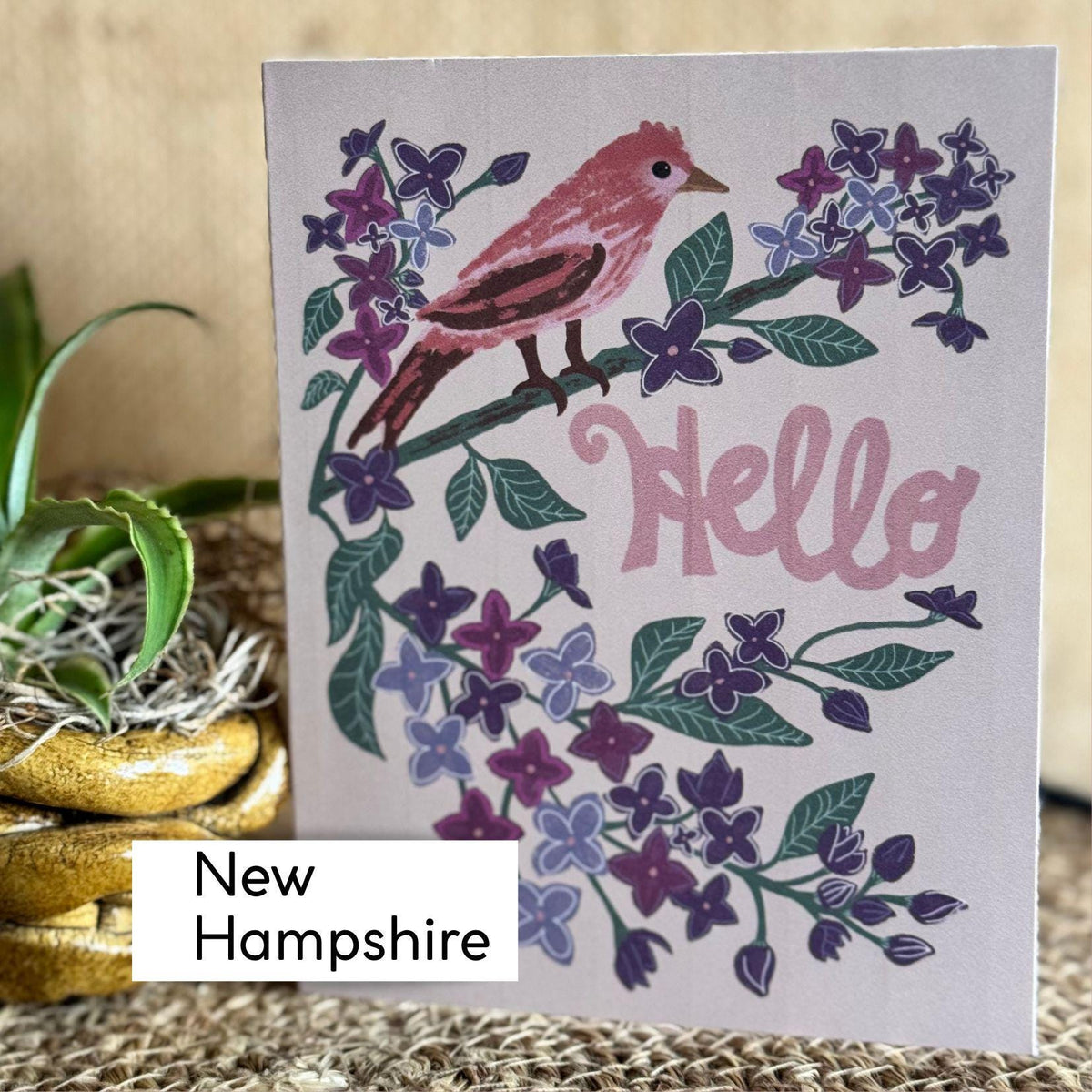 New Hampshire State Flower & Bird Greeting Card — Whimsical · Lilac & Purple Finch