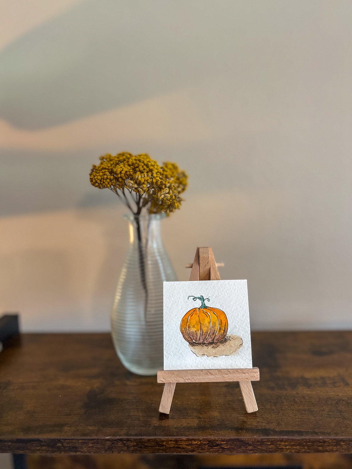 Miniature Watercolor Pumpkin Painting with Easel — Fall Decor