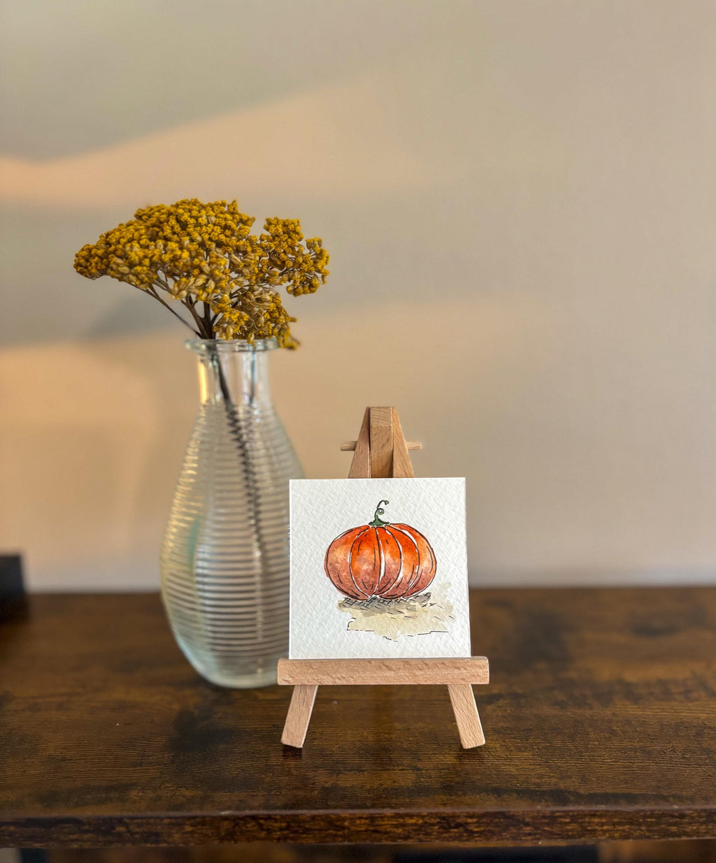 Miniature Watercolor Pumpkin Painting with Easel: Fall Decor