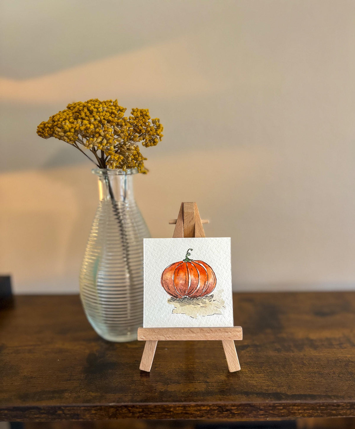 Miniature Watercolor Pumpkin Painting with Easel: Fall Decor