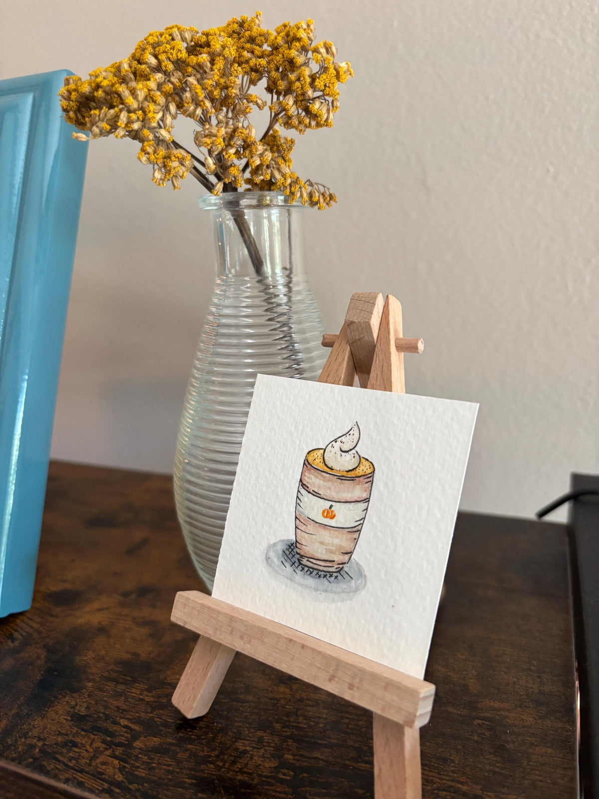Miniature Watercolor Pumpkin Spice Latte Painting with Easel