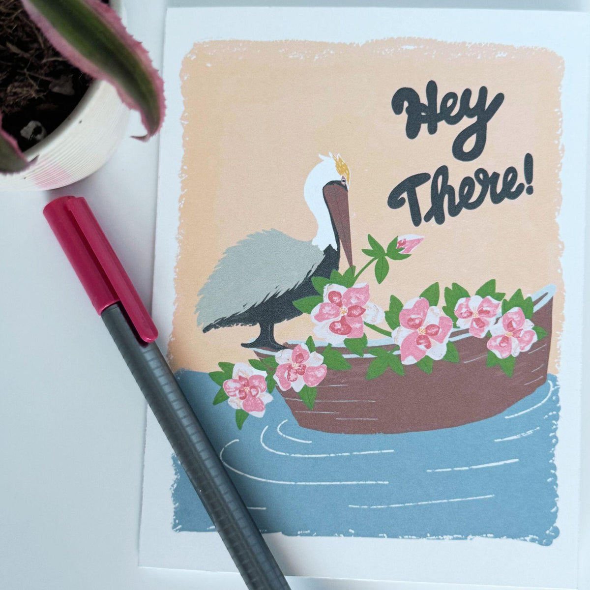 Louisiana State Flower & Bird Greeting Card — Seaside Cottage · Magnolia Blossom & Brown Pelican