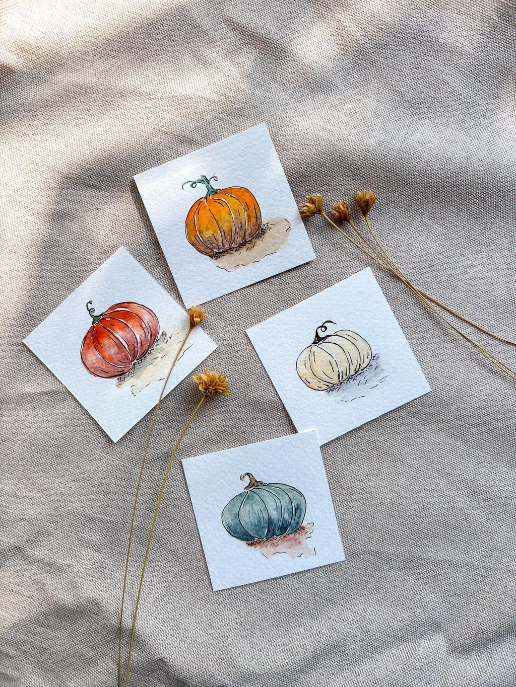 Miniature Watercolor Pumpkin Painting with Easel — Fall Decor