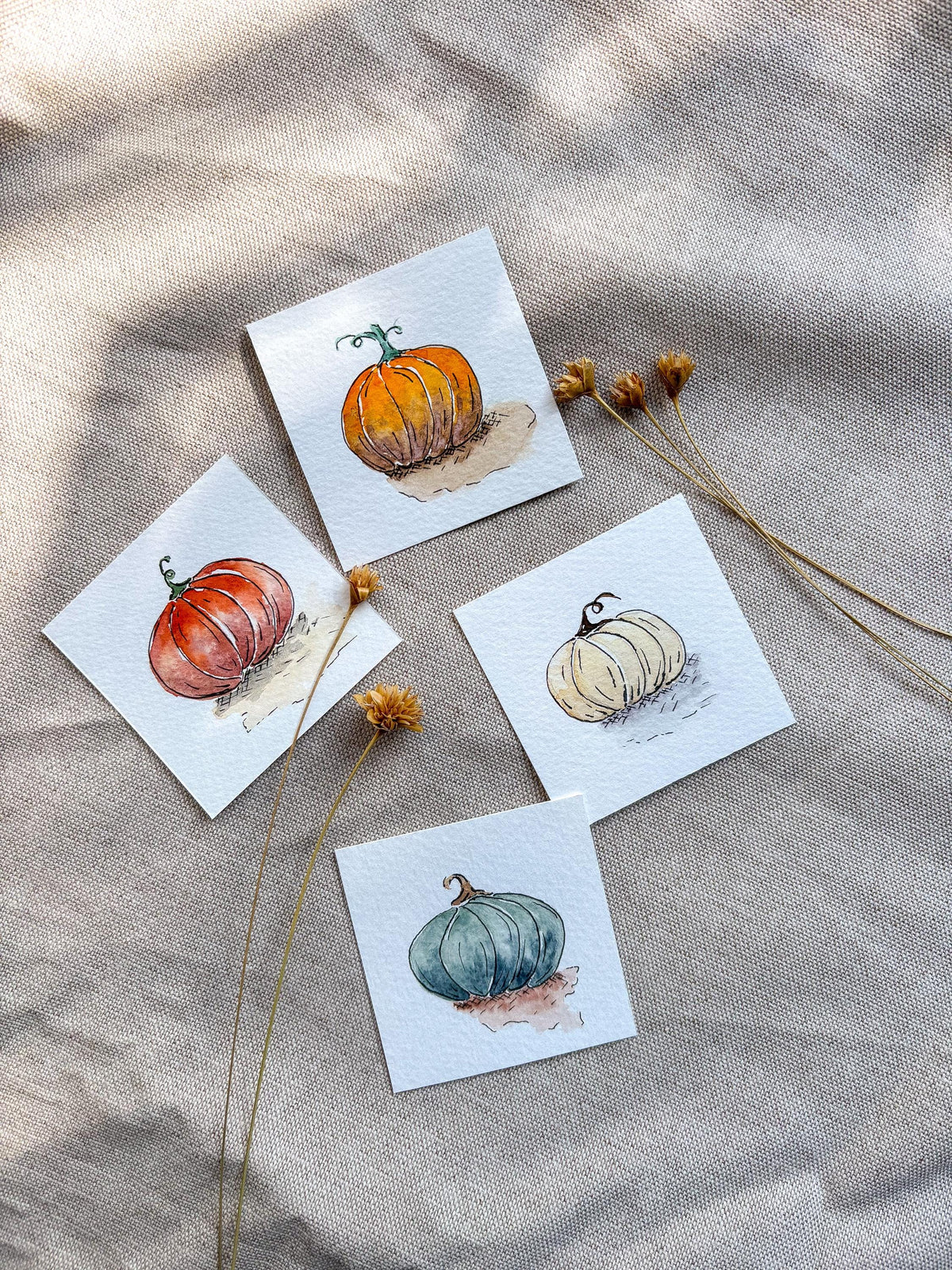 Miniature Watercolor Pumpkin Painting with Easel — Fall Decor