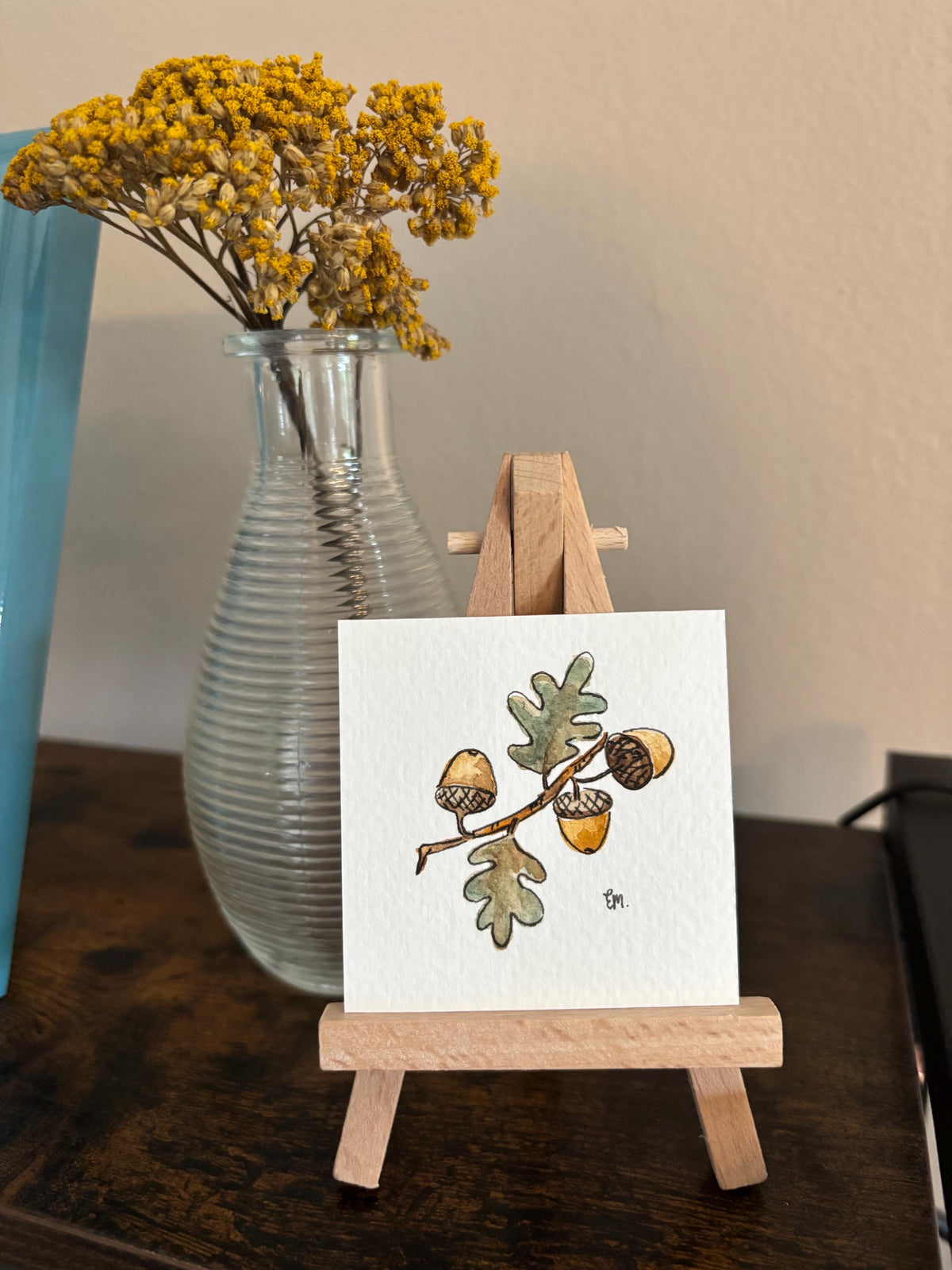 Miniature Watercolor Acorns & Maple Leaves Painting with Easel