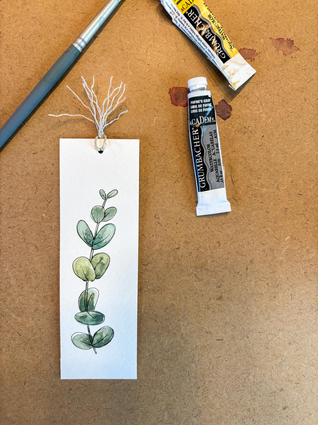 Hand-Painted Eucalyptus Watercolor Bookmark with Tassel