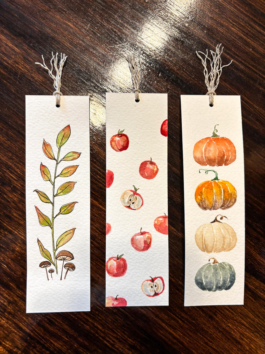 Hand-Painted Fall Leaves & Mushroom Watercolor Bookmark with Tassel