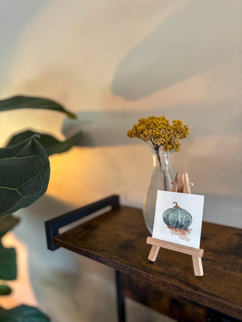 Miniature Watercolor Pumpkin Painting with Easel — Fall Decor