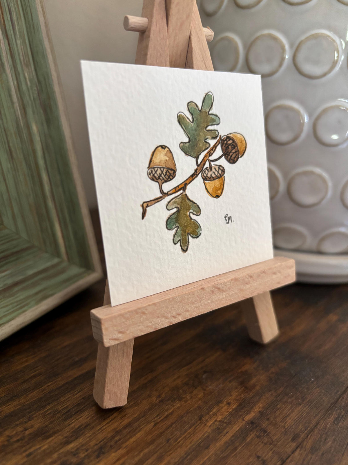Miniature Watercolor Acorns & Maple Leaves Painting with Easel