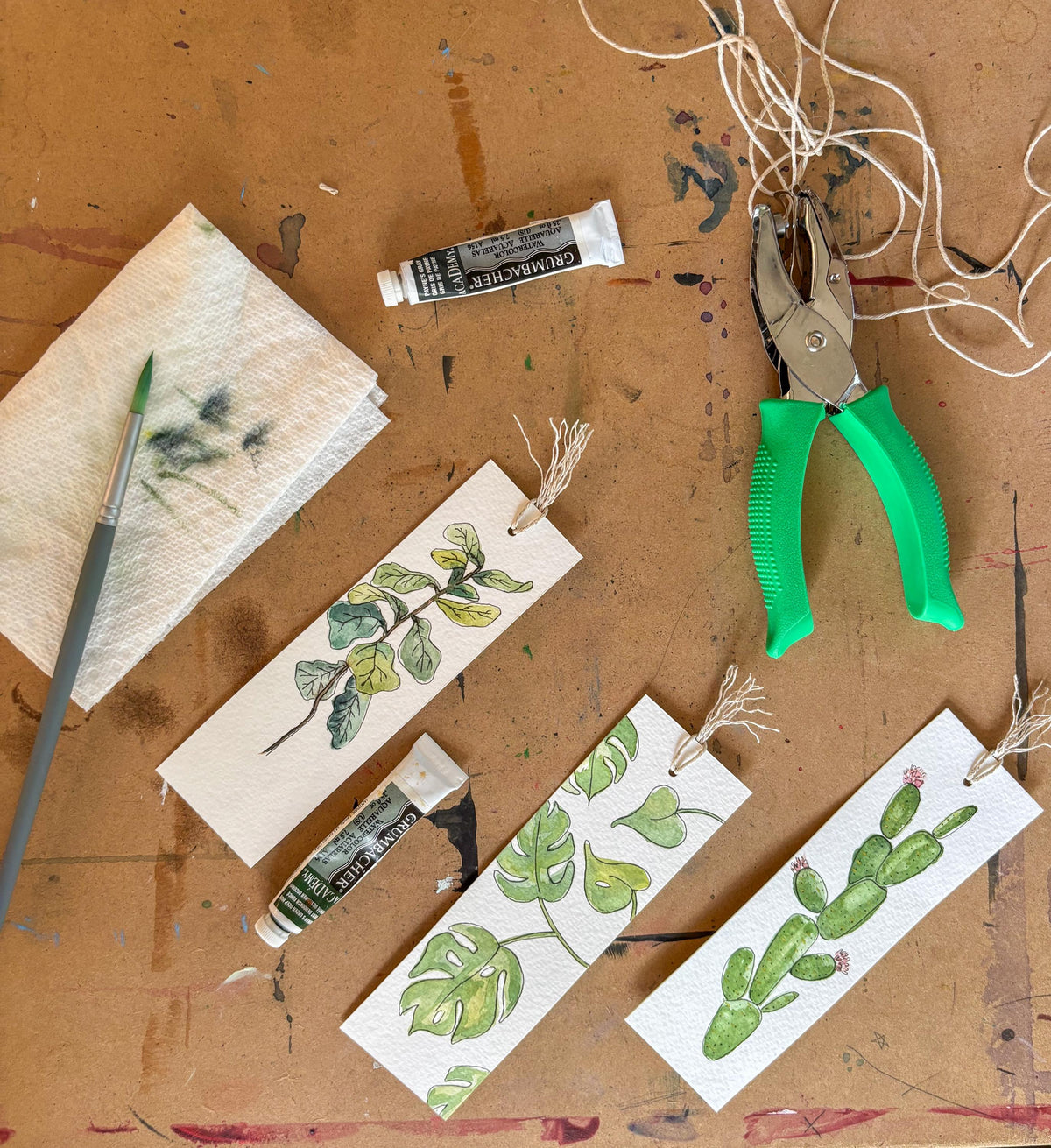 Hand-Painted Cactus Bloom Watercolor Bookmark with Tassel