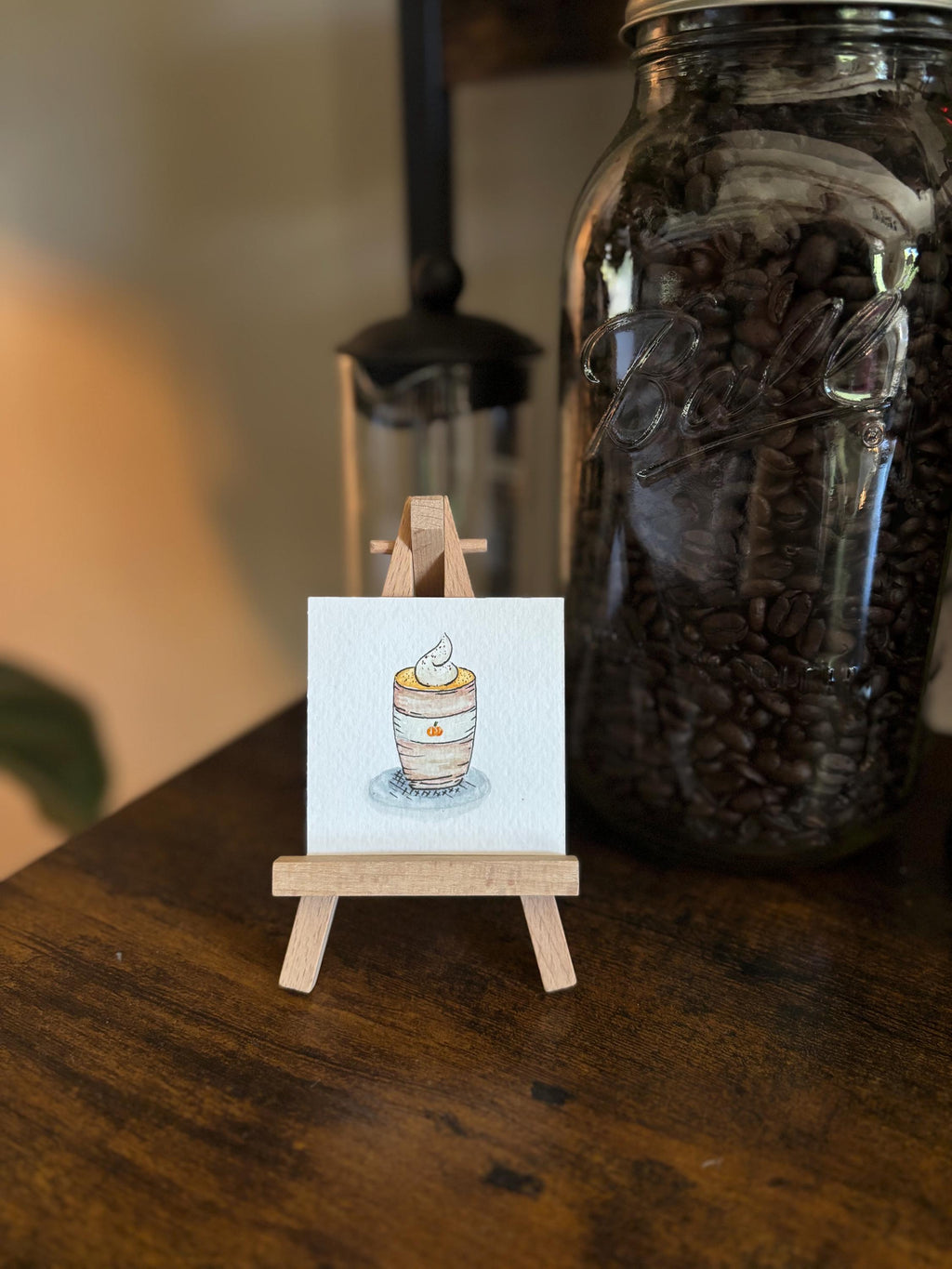 Miniature Watercolor Pumpkin Spice Latte Painting with Easel