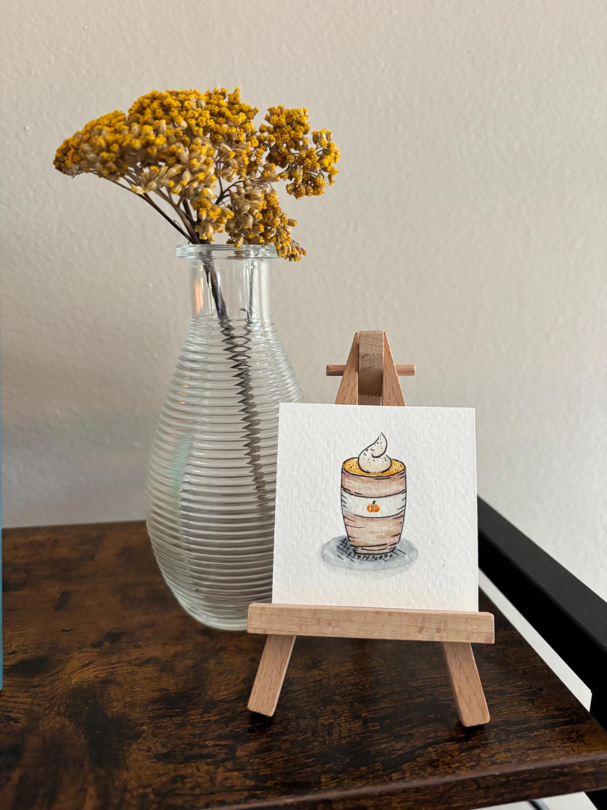 Miniature Watercolor Pumpkin Spice Latte Painting with Easel