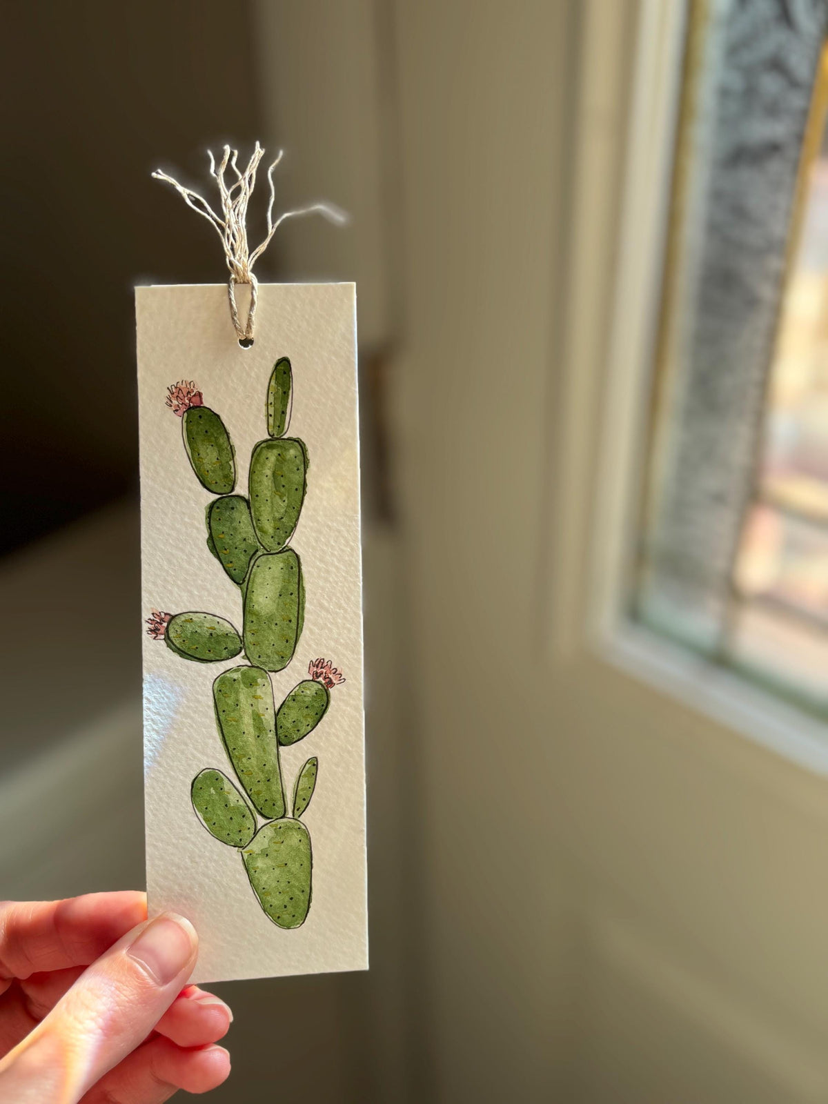 Hand-Painted Cactus Bloom Watercolor Bookmark with Tassel