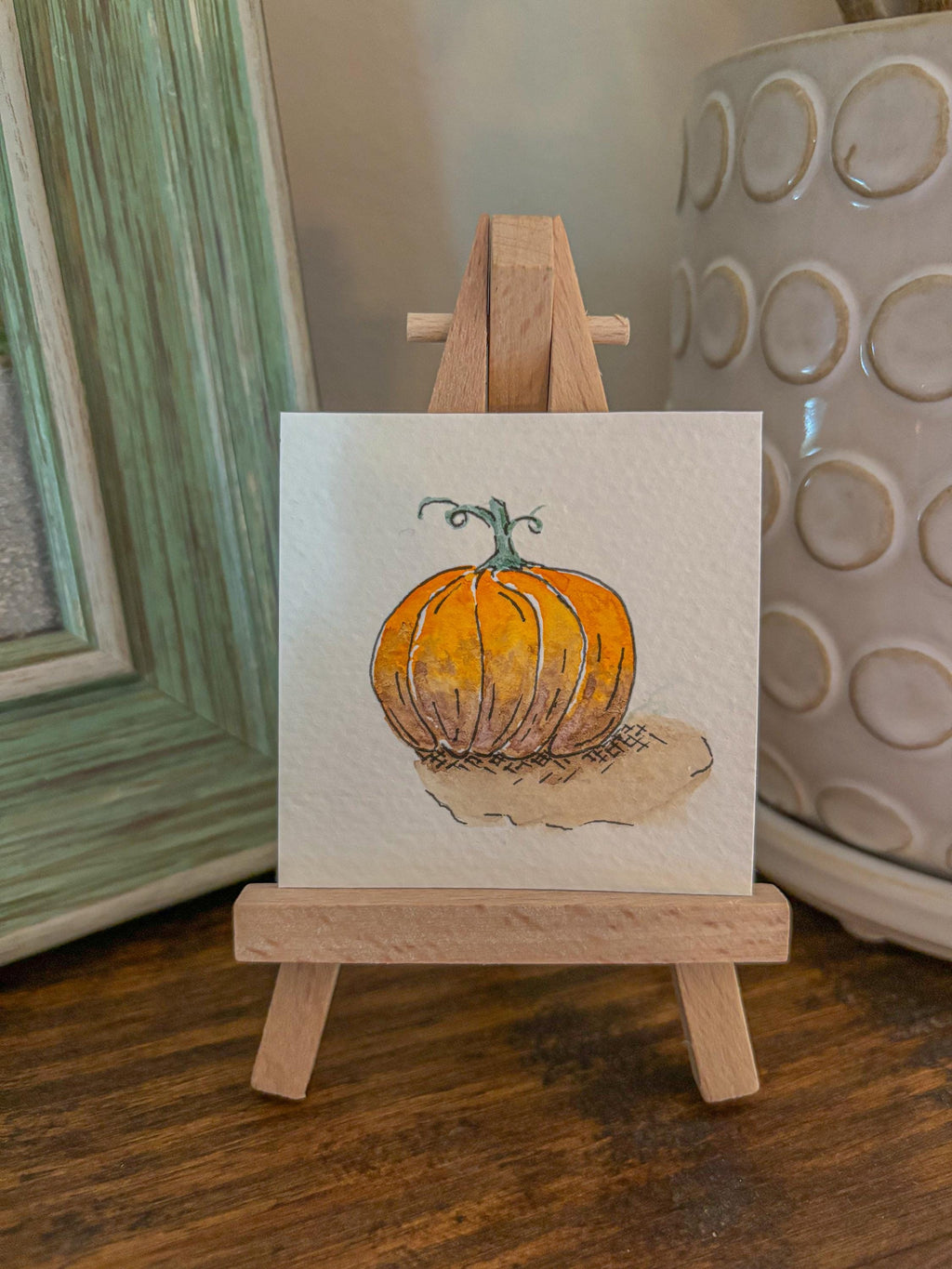 Miniature Watercolor Pumpkin Painting with Easel — Fall Decor