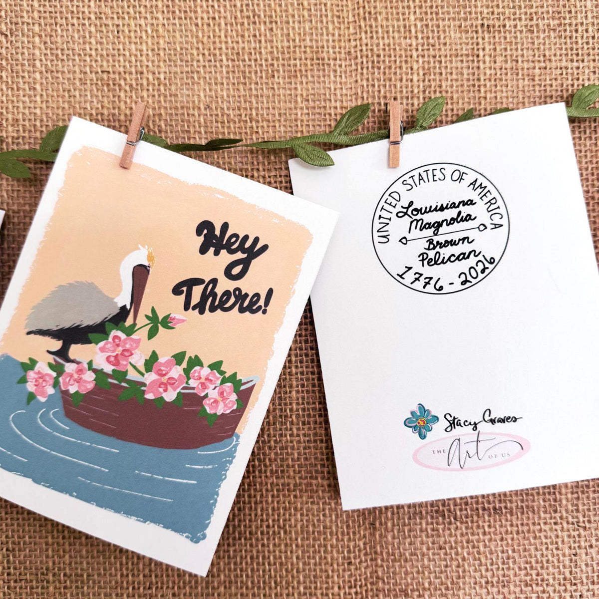 Louisiana State Flower & Bird Greeting Card — Seaside Cottage · Magnolia Blossom & Brown Pelican