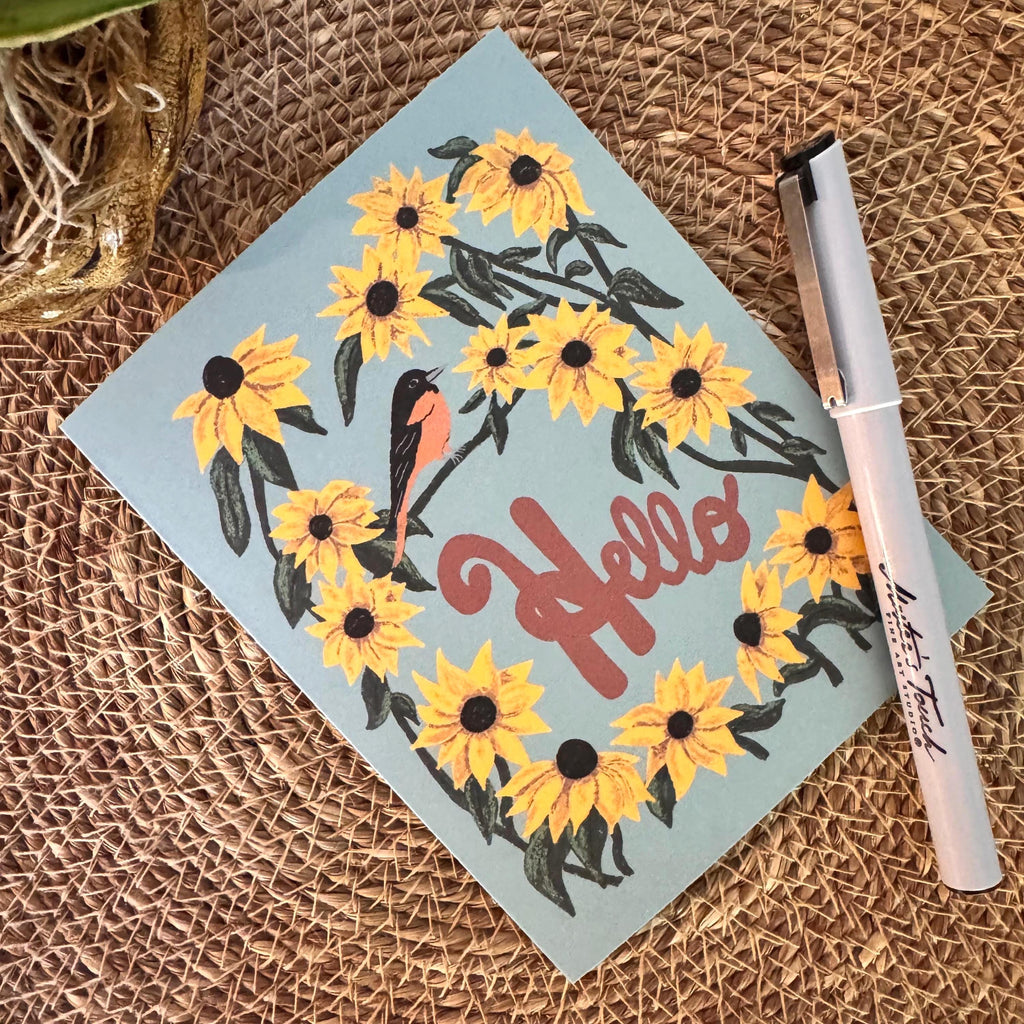 Maryland State Flower & Bird Greeting Card — Farmhouse Floral · Black-Eyed Susan & Baltimore Oriole