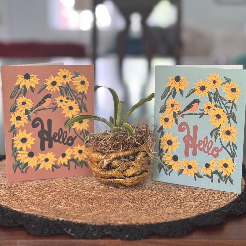 Maryland State Flower & Bird Greeting Card — Farmhouse Floral · Black-Eyed Susan & Baltimore Oriole