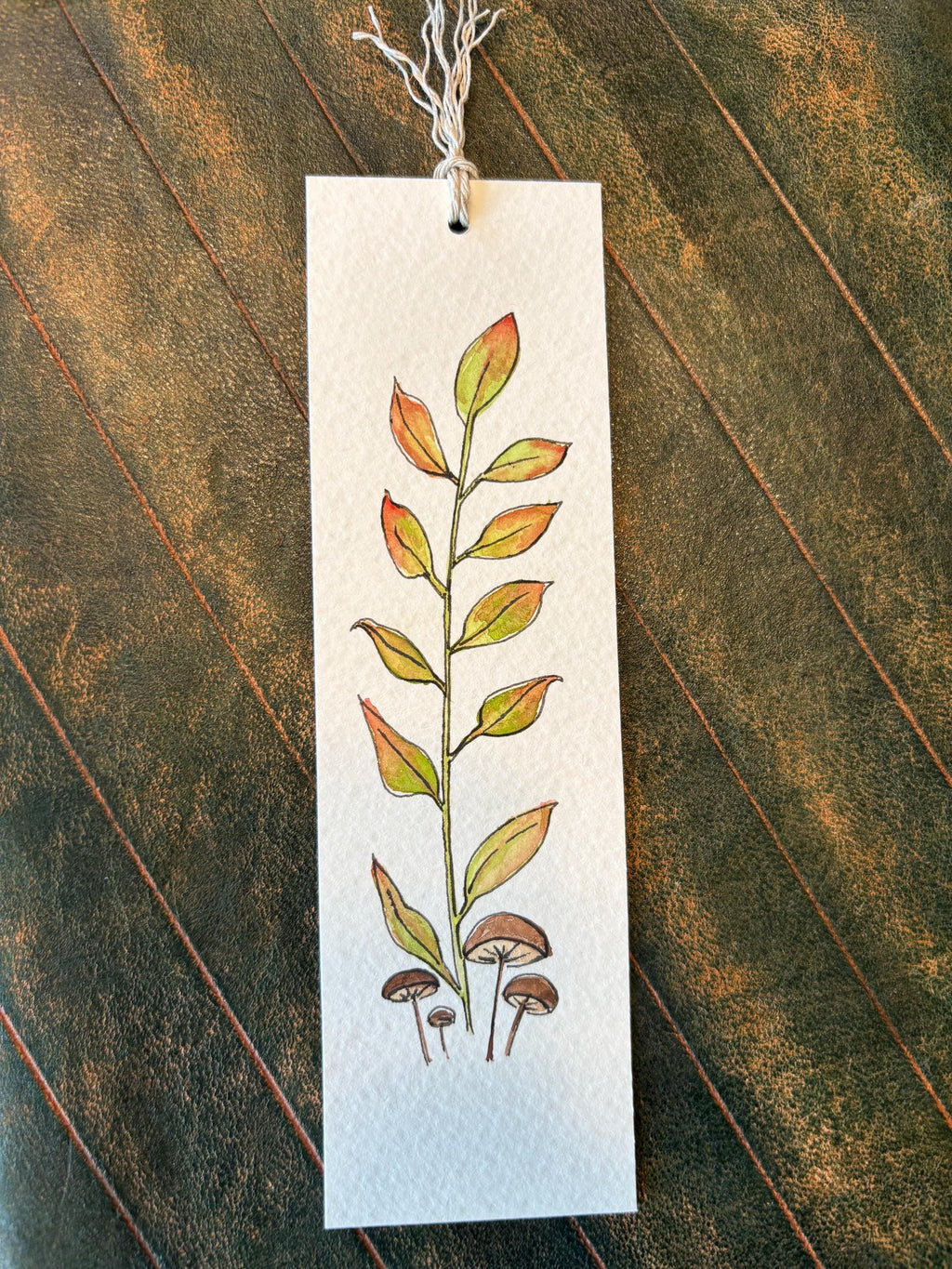 Hand-Painted Fall Leaves & Mushroom Watercolor Bookmark with Tassel