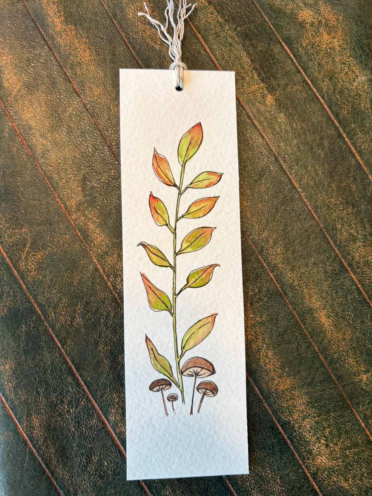 Hand-Painted Fall Leaves & Mushroom Watercolor Bookmark with Tassel