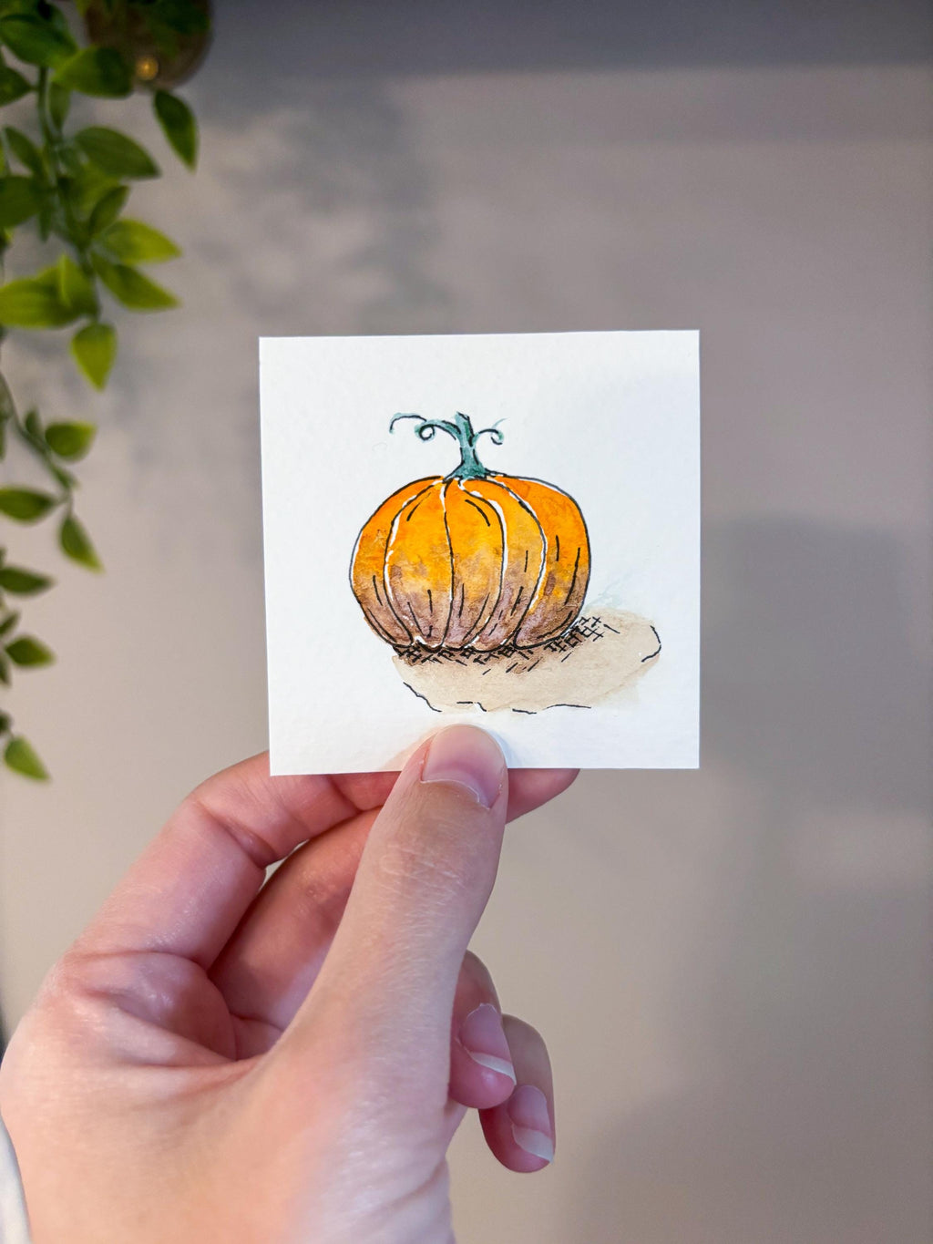 Miniature Watercolor Pumpkin Painting with Easel — Fall Decor