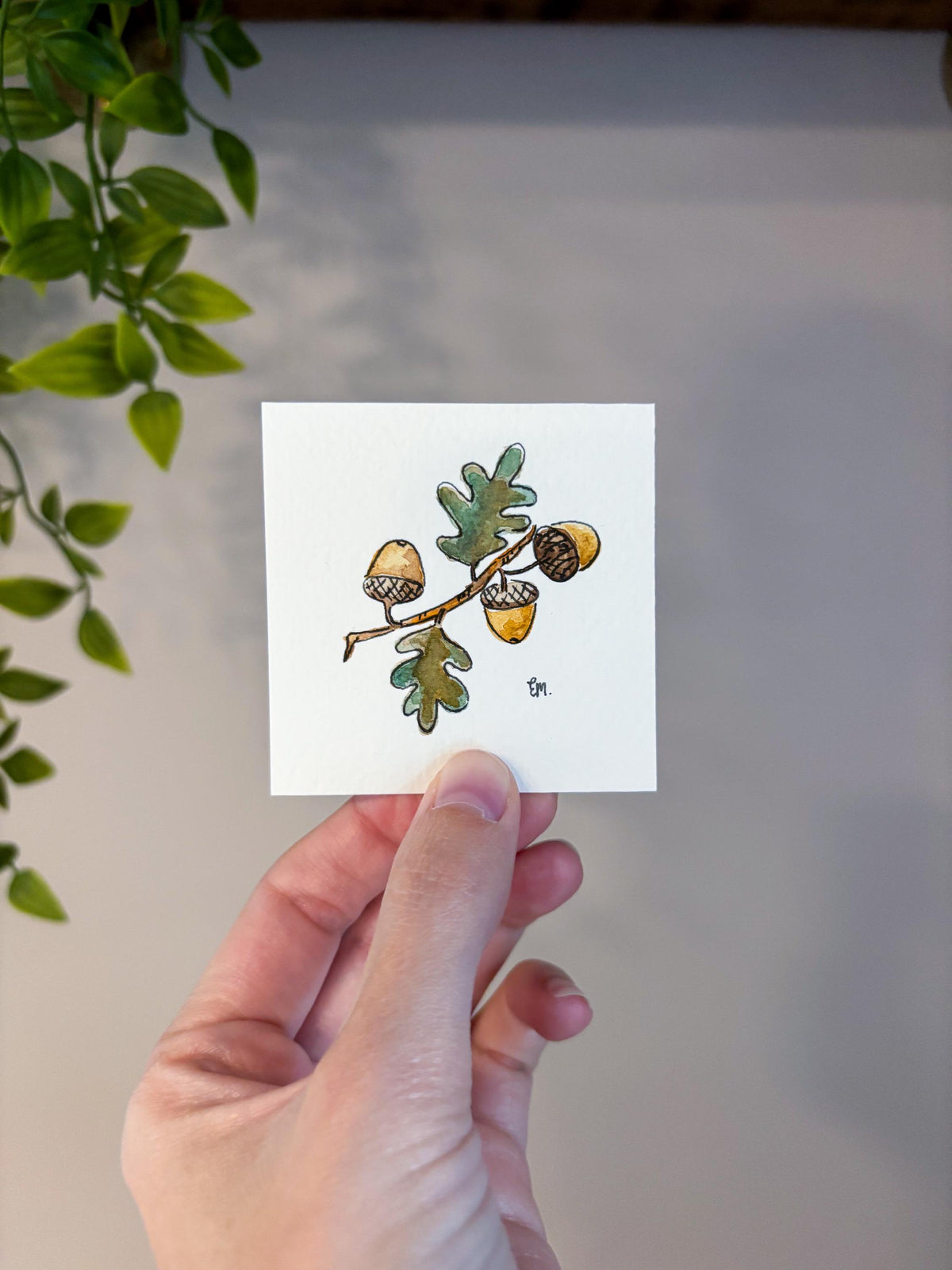 Miniature Watercolor Acorns & Maple Leaves Painting with Easel