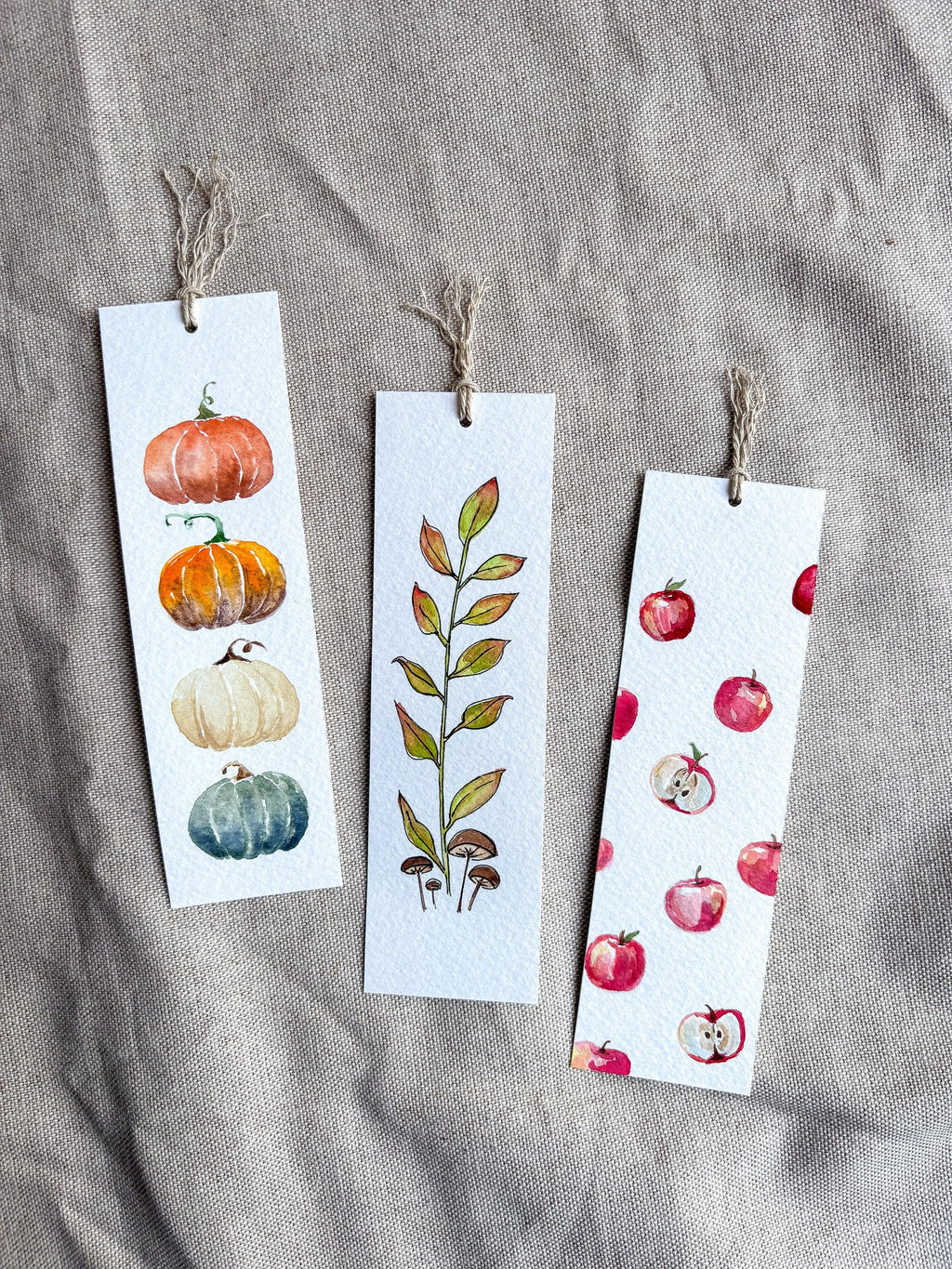 Hand-Painted Fall Leaves & Mushroom Watercolor Bookmark with Tassel