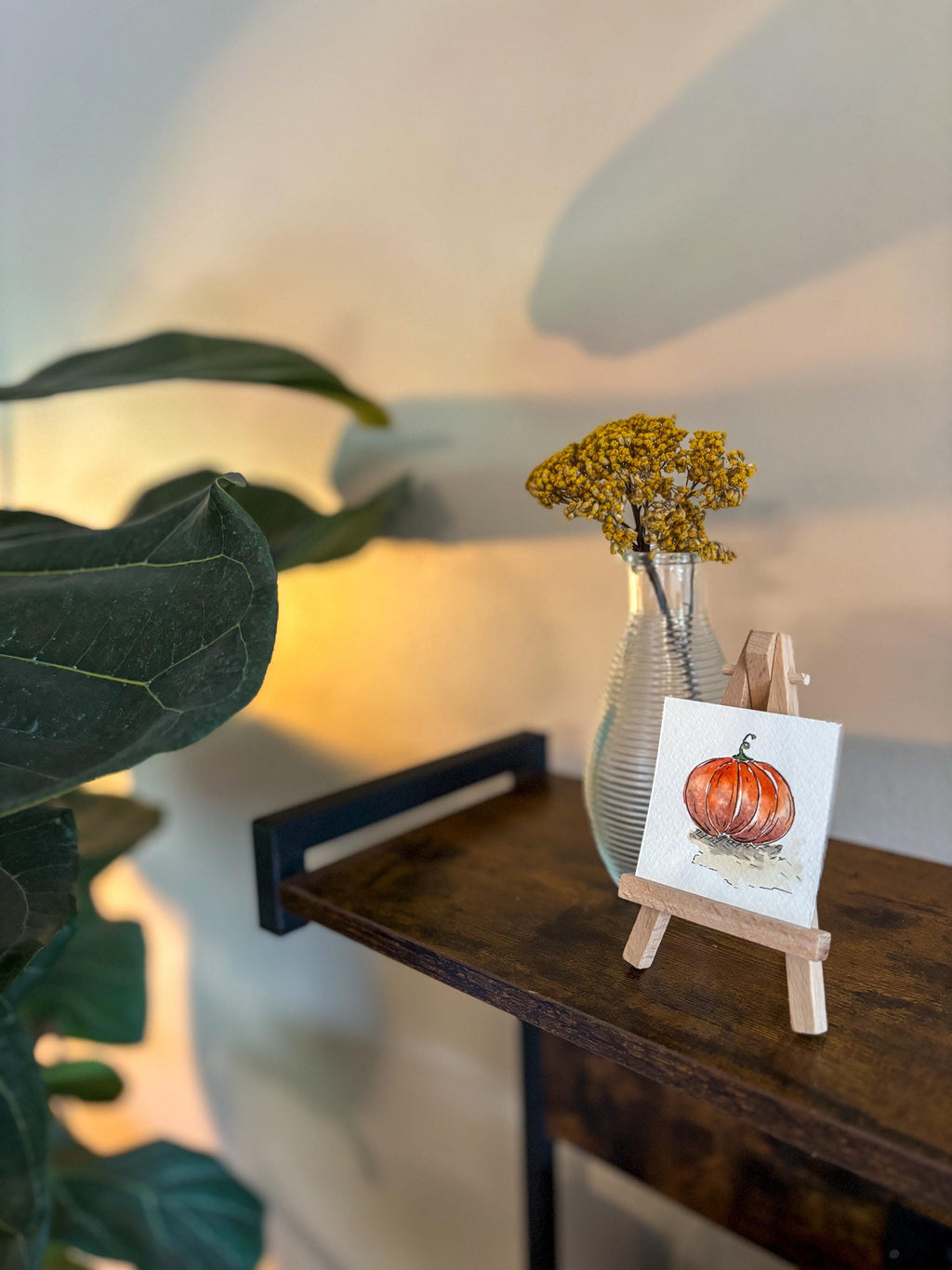 Miniature Watercolor Pumpkin Painting with Easel — Fall Decor