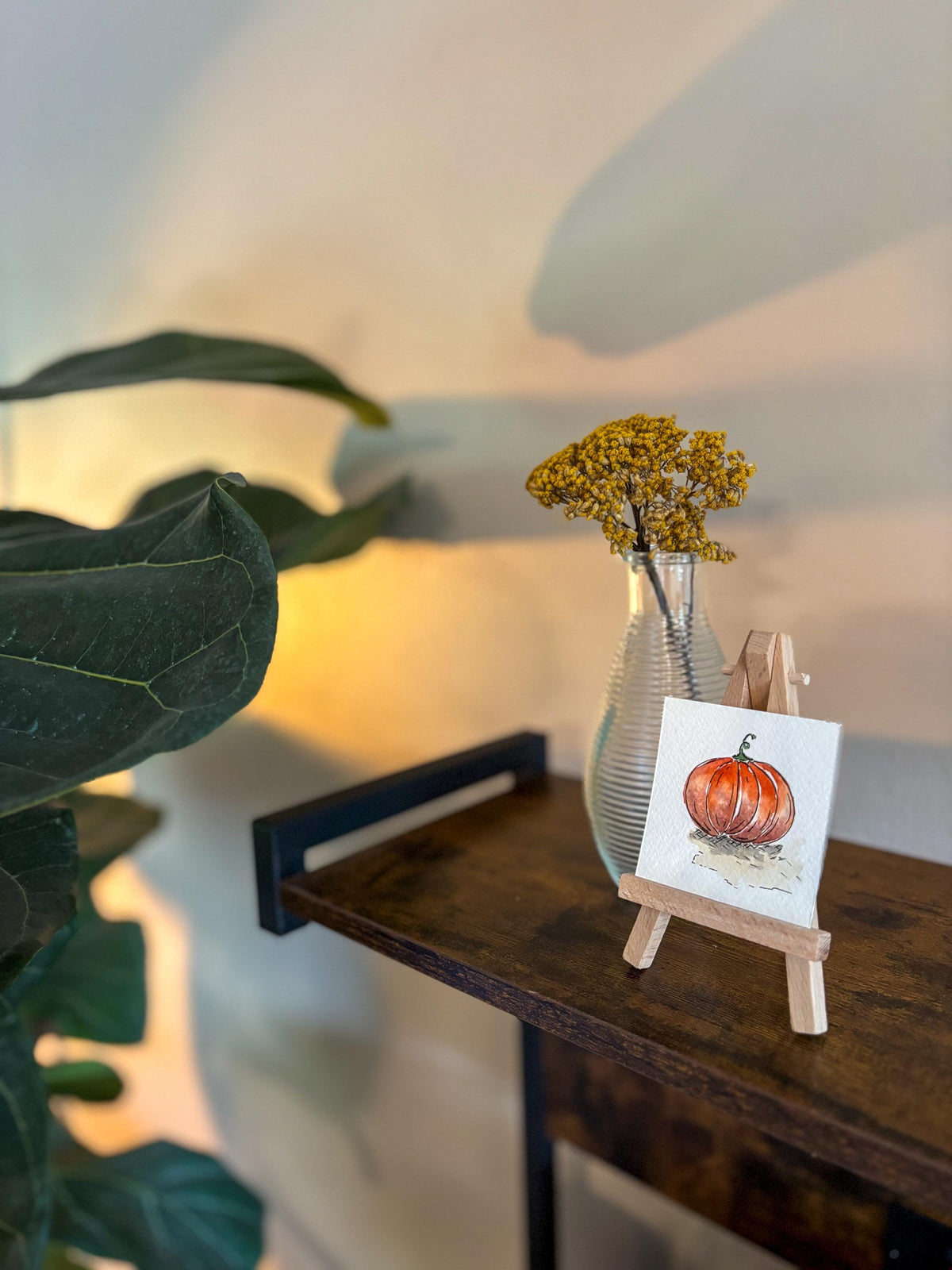 Miniature Watercolor Pumpkin Painting with Easel — Fall Decor