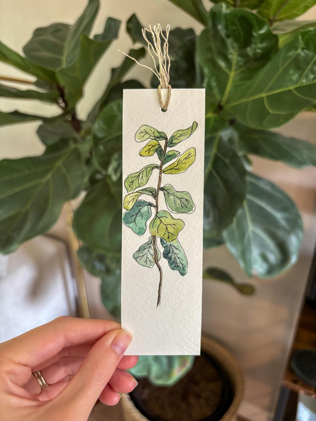 Hand-Painted Fiddle Leaf Watercolor Bookmark with Tassel