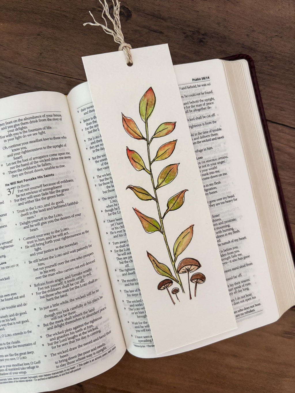 Hand-Painted Fall Leaves & Mushroom Watercolor Bookmark with Tassel
