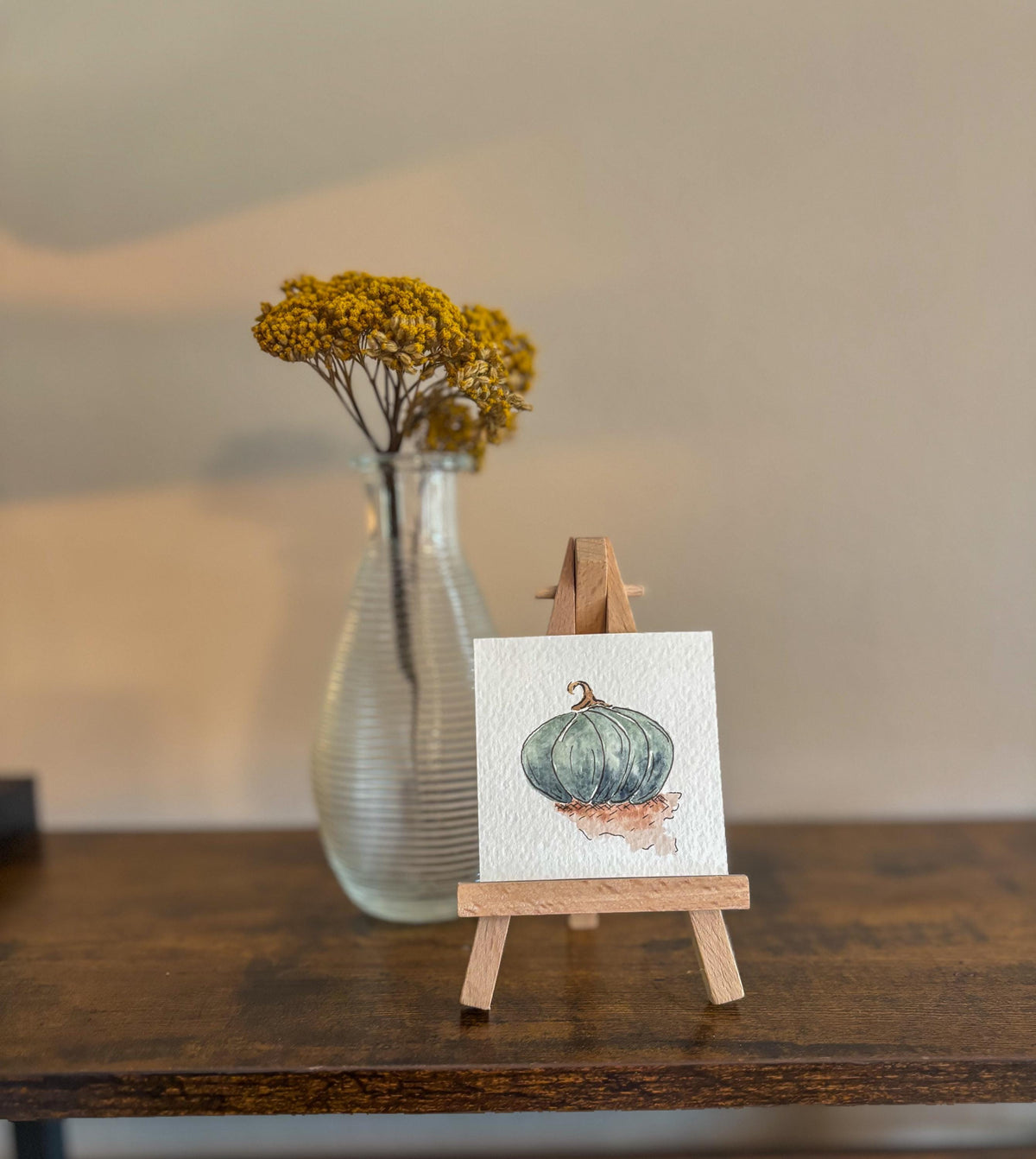 Miniature Watercolor Pumpkin Painting with Easel — Fall Decor