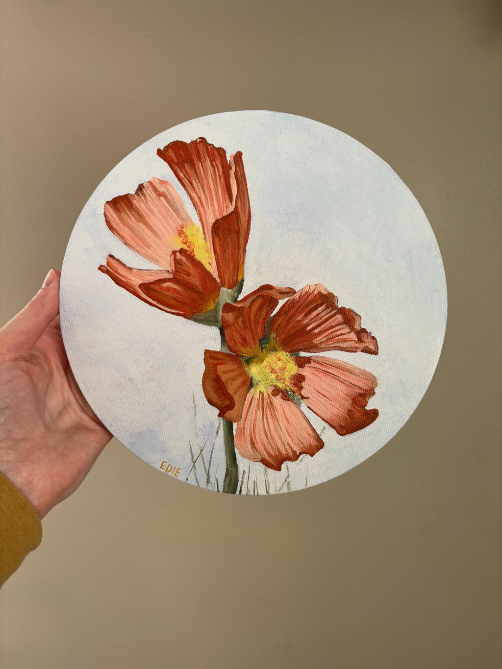 Original Orange Wildflowers Painting — Oil On Canvas (8" diameter circle)