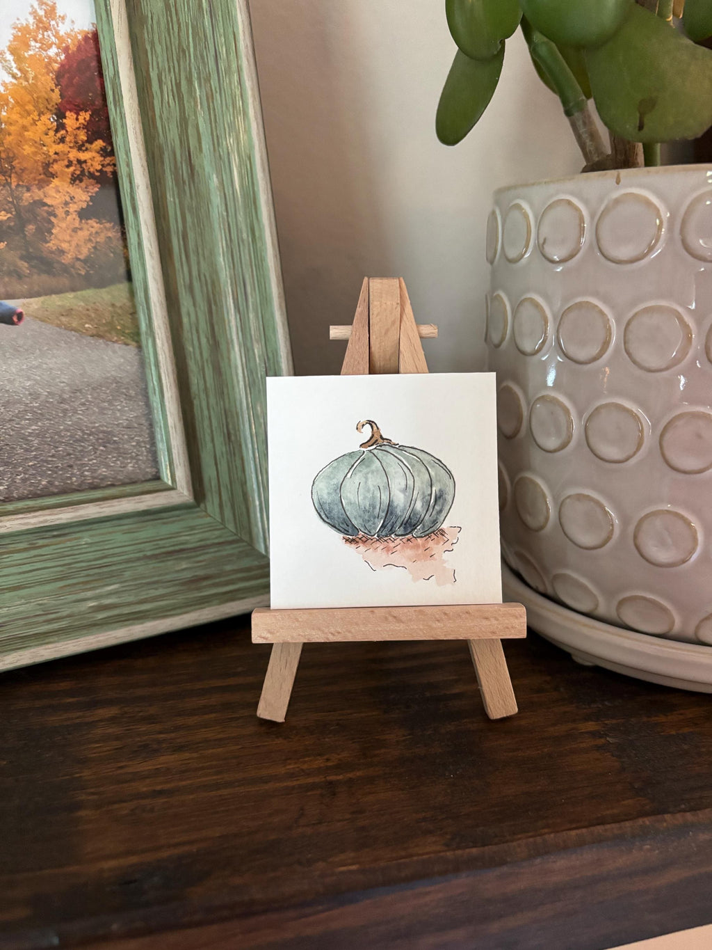 Miniature Watercolor Pumpkin Painting with Easel — Fall Decor