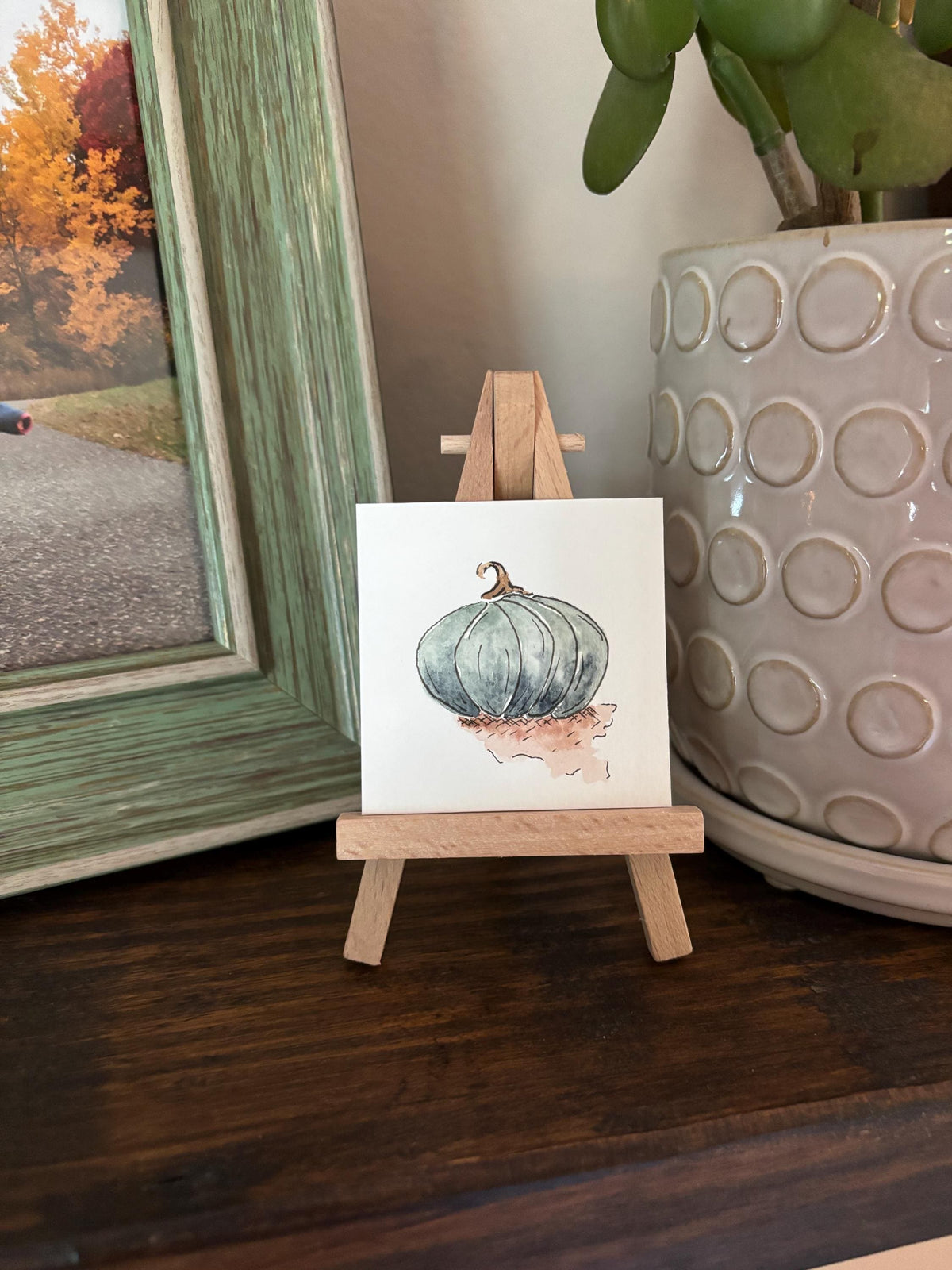 Miniature Watercolor Pumpkin Painting with Easel: Fall Decor