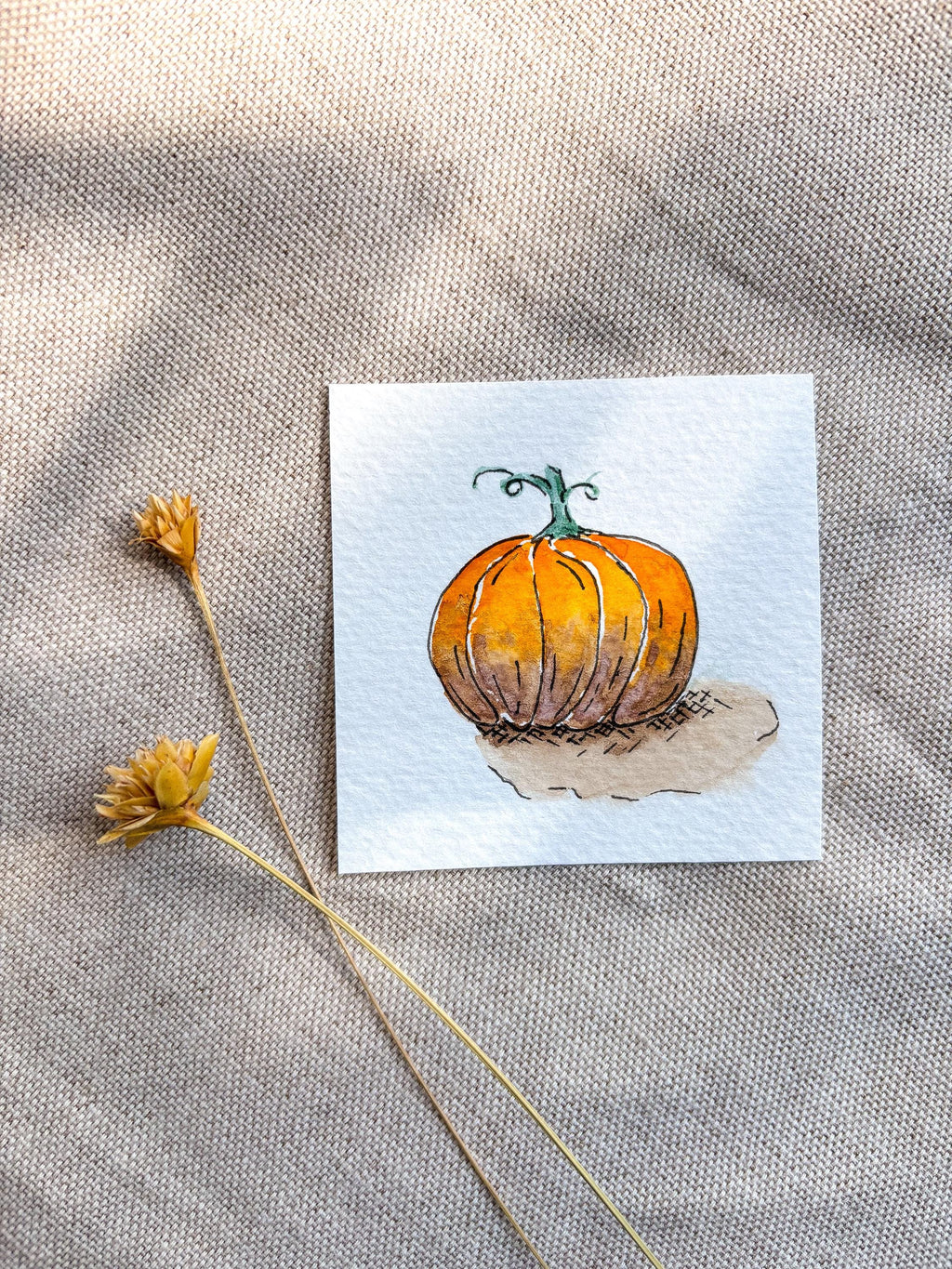 Miniature Watercolor Pumpkin Painting with Easel — Fall Decor