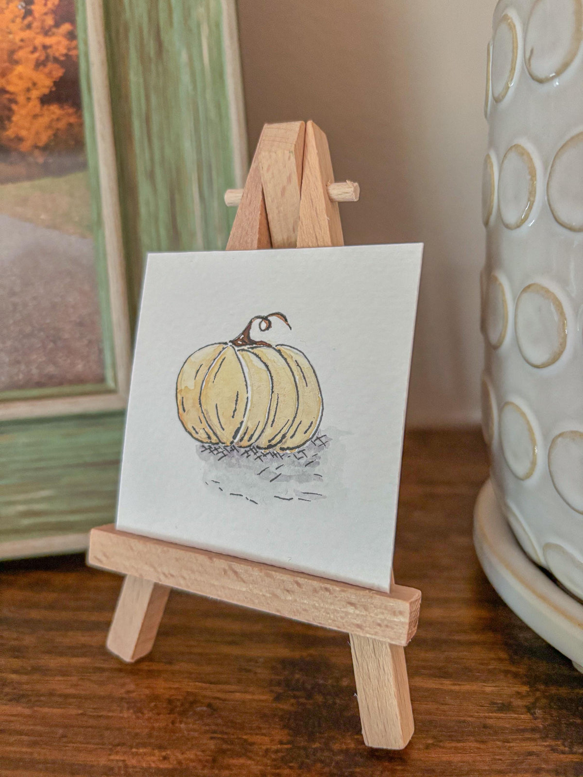 Miniature Watercolor Pumpkin Painting with Easel — Fall Decor