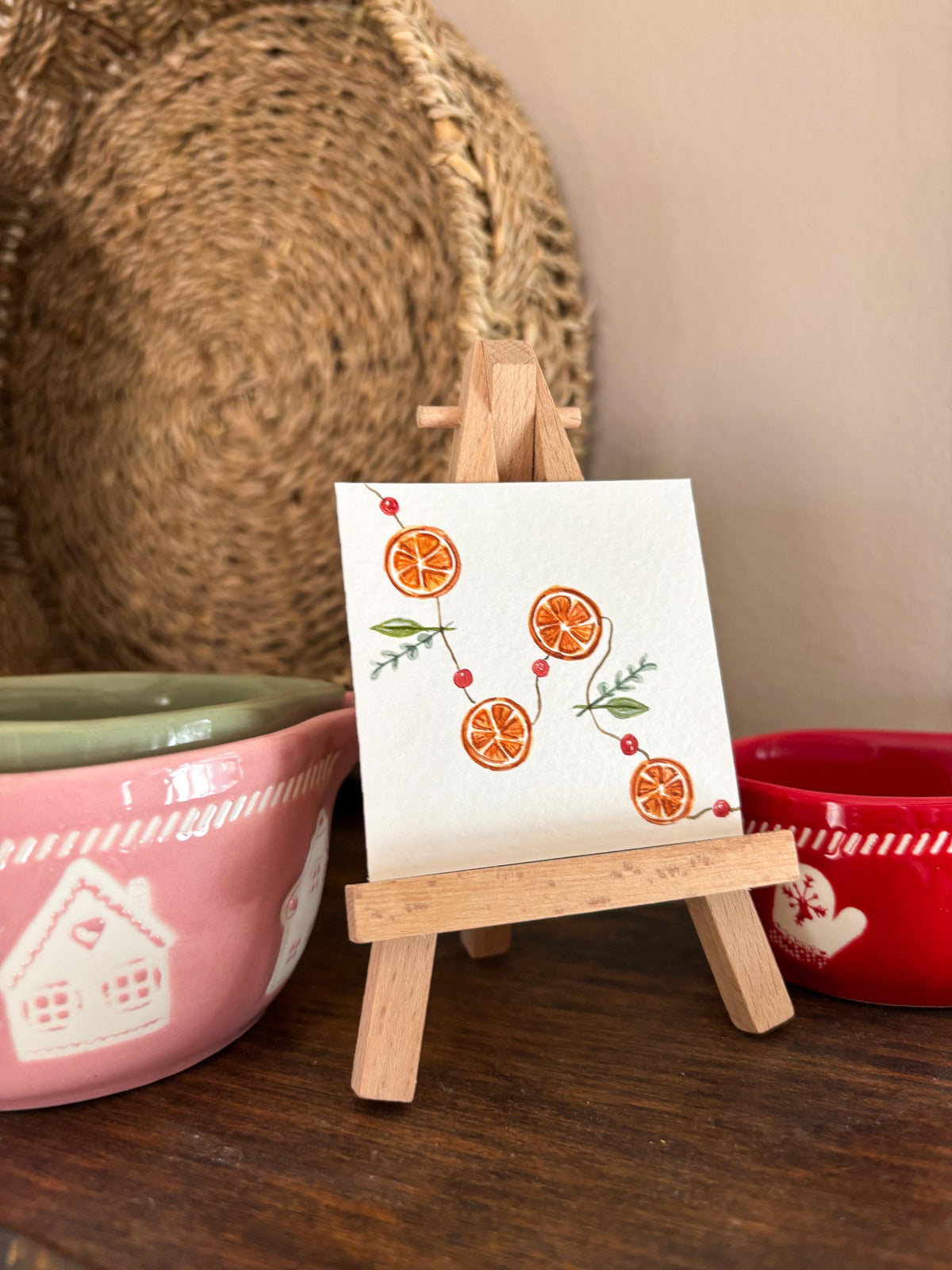 Miniature Watercolor Orange Garland Painting with Easel