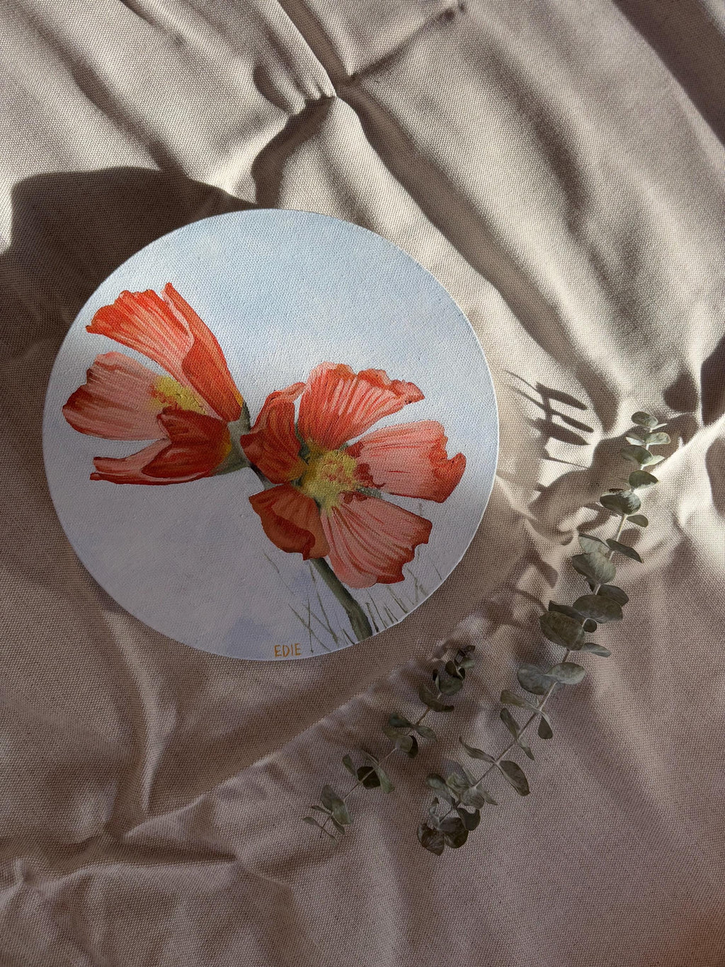 Original Orange Wildflowers Painting — Oil On Canvas (8" diameter circle)