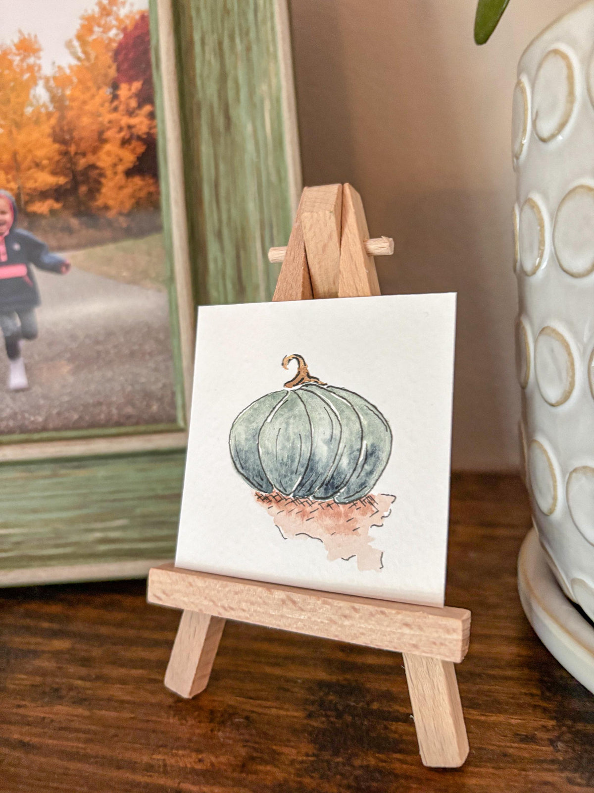 Miniature Watercolor Pumpkin Painting with Easel — Fall Decor