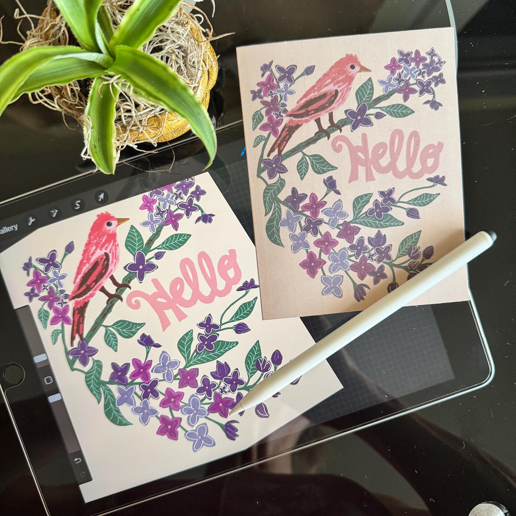 New Hampshire State Flower & Bird Greeting Card — Whimsical · Lilac & Purple Finch