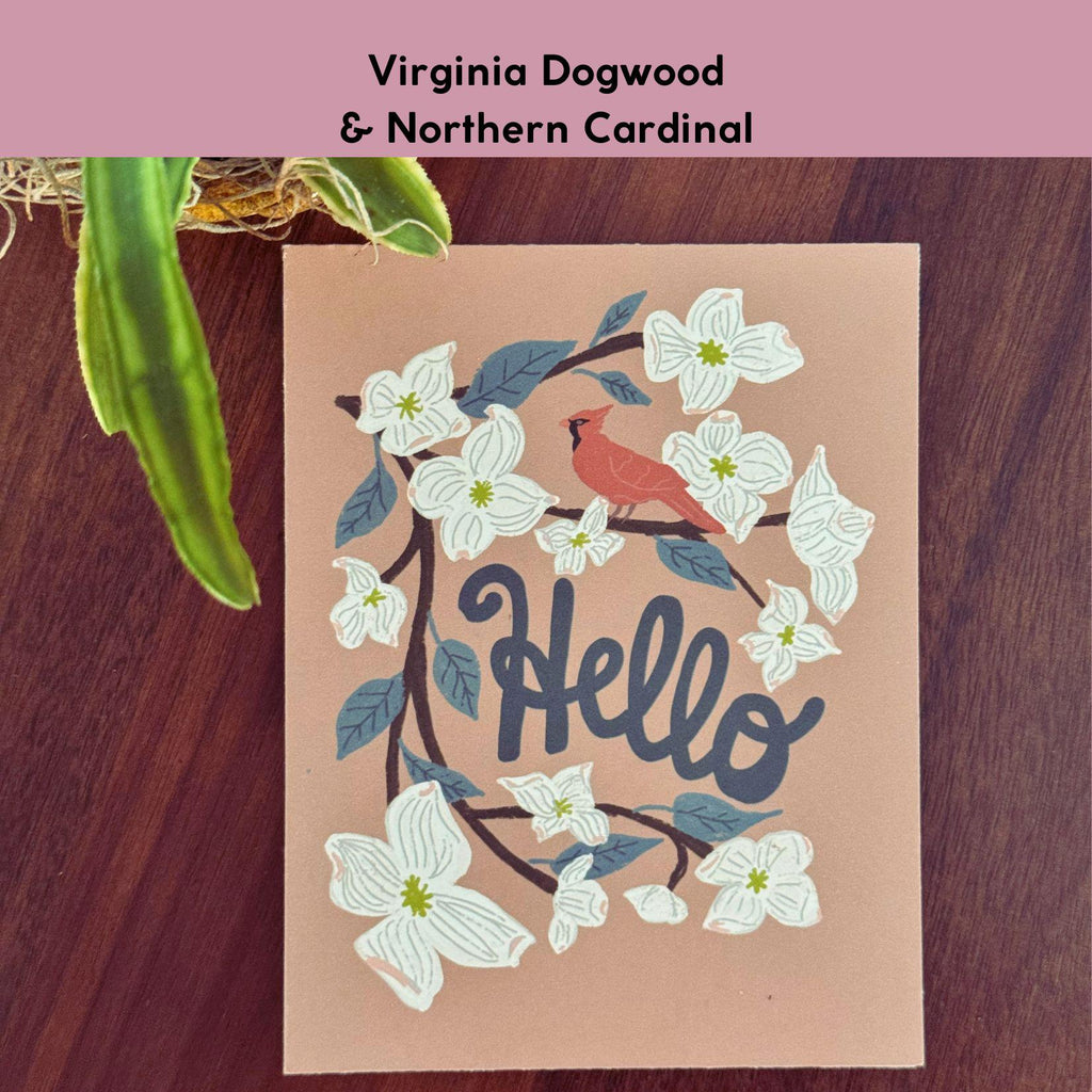Virginia State Flower & Bird Greeting Card — Whimsical · Dogwood Blossom & Northern Cardinal